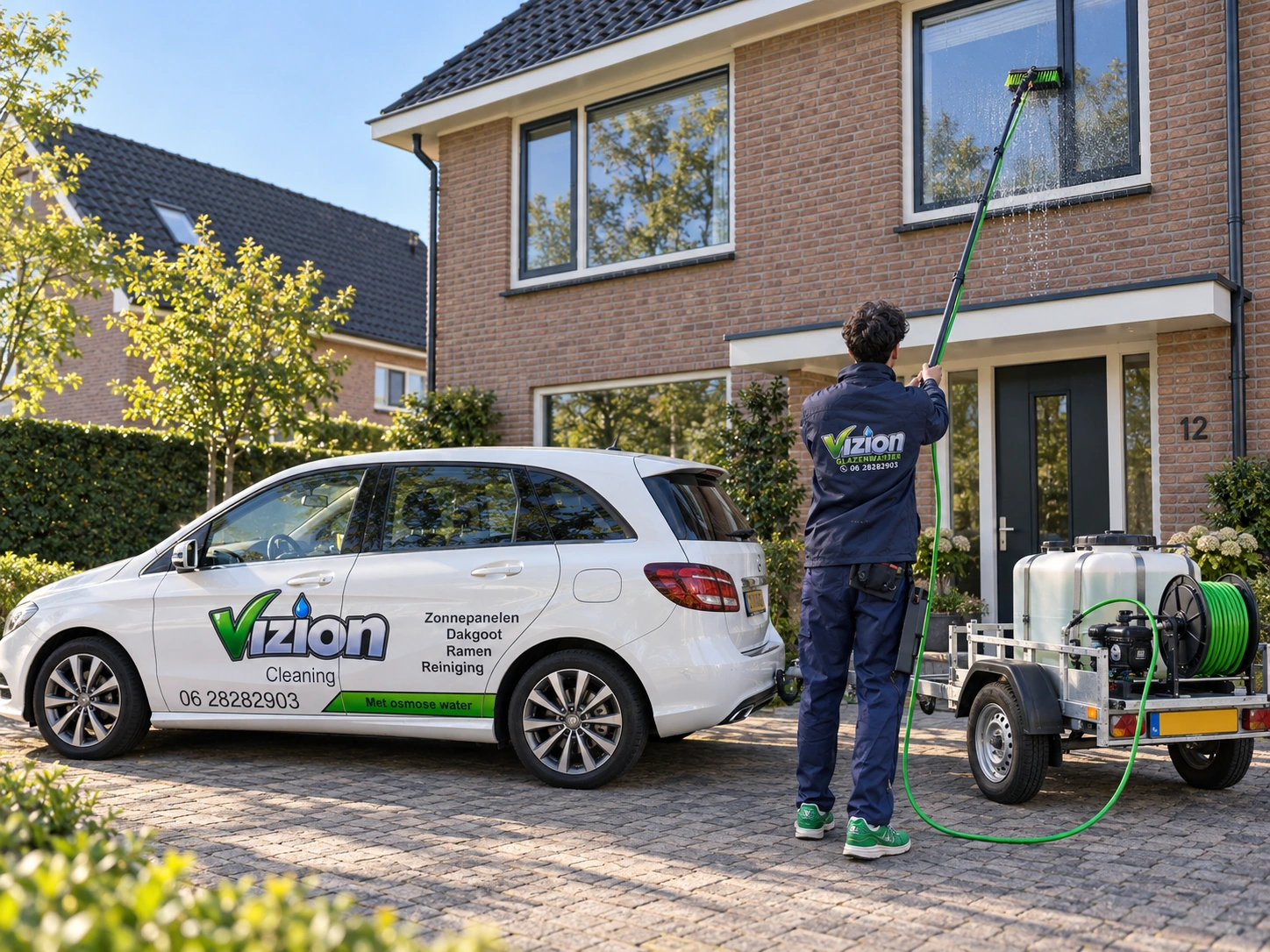 AI-illustratie van een Vizion-medewerker in bedrijfskleding die ramen wast met een telescoopborstel, naast de herkenbare Mercedes en wateraanhanger
